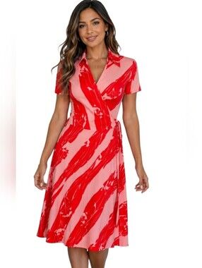 New York & Company Red Pink Abstract Print  Wrap Dress Size Small